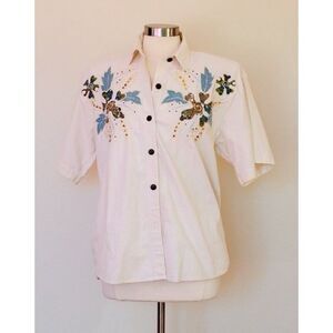 5/$25 Sz Med Oversize Vintage Button Up Embroidered Blouse Metallic Embellished